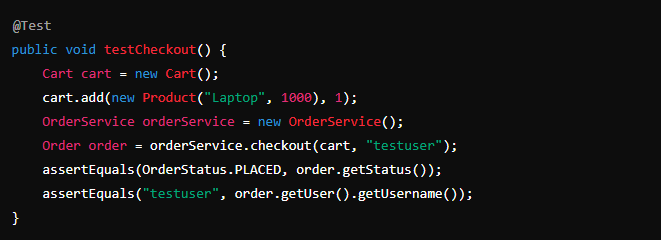 Code block showing an example of unit testing the checkout process.