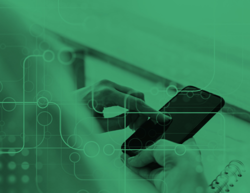 A woman's hand on a mobile phone with a circuitry overlay.